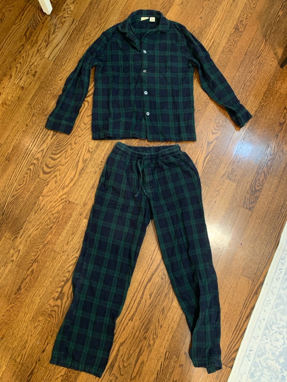 L.L. Bean Mens Green and Blue Plaid Flannel Pajama Set - Size Small
